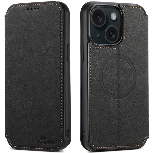 iPhone 15 Suteni J06 Retro Matte Litchi Texture Leather Magnetic Magsafe Phone Case - Black