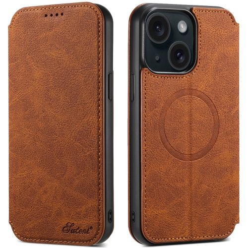 iPhone 15 Suteni J06 Retro Matte Litchi Texture Leather Magnetic Magsafe Phone Case - Khaki