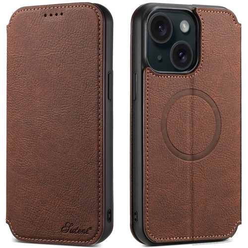 iPhone 15 Suteni J06 Retro Matte Litchi Texture Leather Magnetic Magsafe Phone Case - Brown