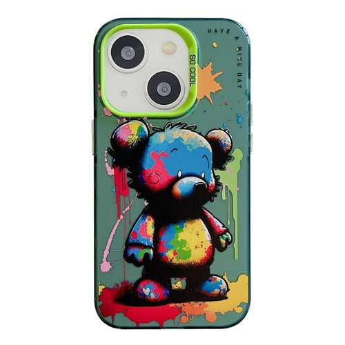 iPhone 15 Plus Animal Pattern Oil Painting Series PC + TPU Phone Case - Colorful Bear