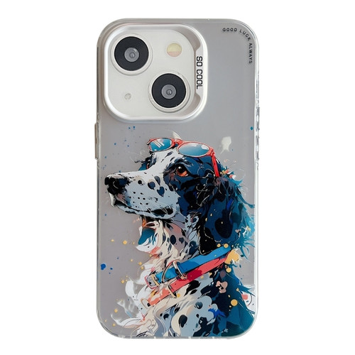 iPhone 15 Plus Animal Pattern Oil Painting Series PC + TPU Phone Case - Spotted Dog