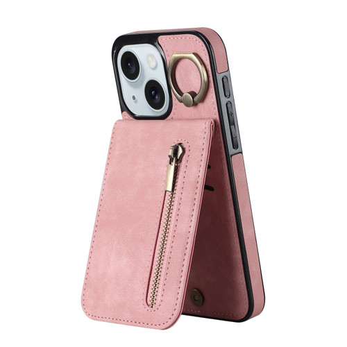 iPhone 15 Plus Retro Ring and Zipper RFID Card Slot Phone Case - Pink