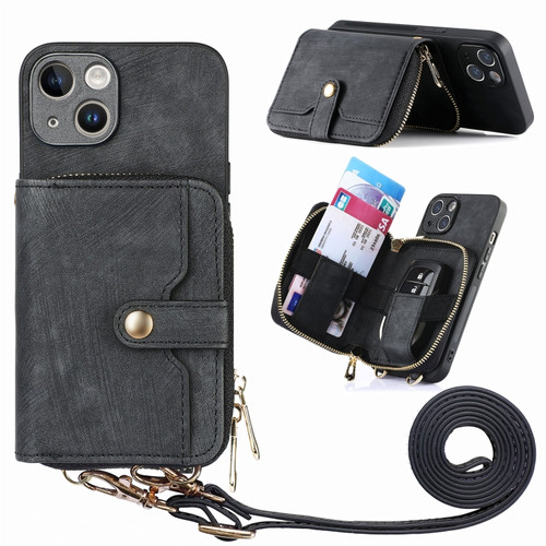 iPhone 15 Plus Crossbody Multi-function Zipper Wallet Phone Case - Black