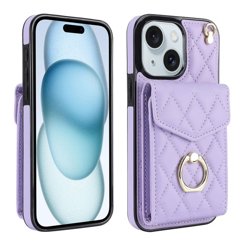 iPhone 15 Plus Rhombic Texture Card Bag Phone Case with Long Lanyard - Light Purple