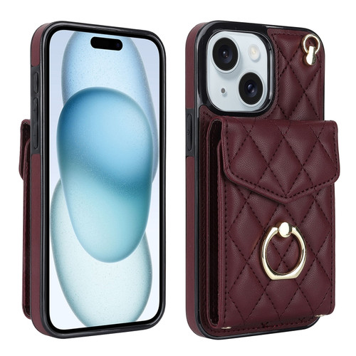 iPhone 15 Plus Rhombic Texture Card Bag Phone Case with Long Lanyard - Wine Red