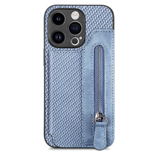 iPhone 15 Plus Carbon Fiber Horizontal Flip Zipper Wallet Phone Case - Blue