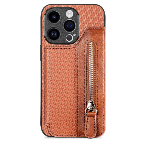 iPhone 15 Plus Carbon Fiber Horizontal Flip Zipper Wallet Phone Case - Brown
