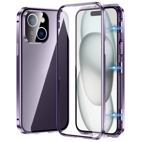 iPhone 15 Plus Magnetic Double-buckle HD Tempered Glass Phone Case - Purple