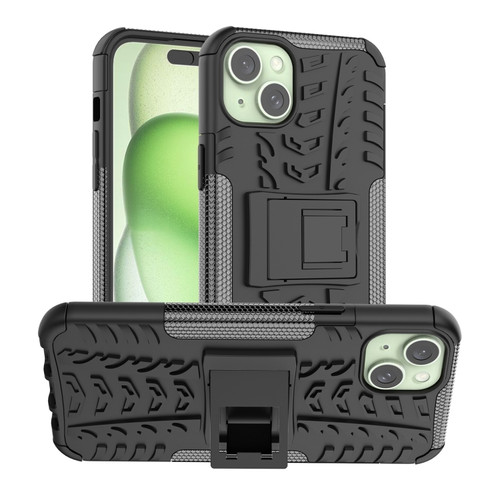 iPhone 15 Plus Tire Texture TPU + PC Phone Case with Holder - Black