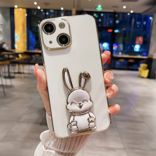 iPhone 15 Plus Plating Rabbit Holder Phone Case - White