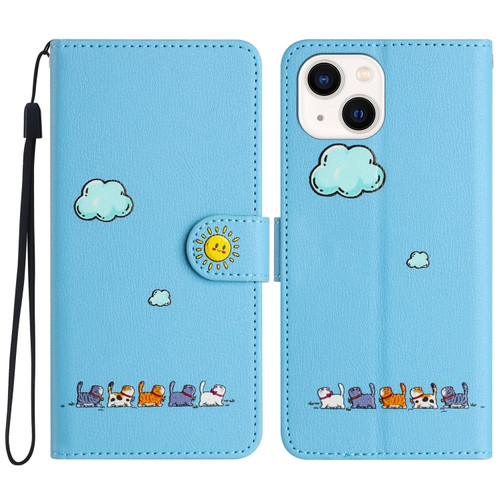 iPhone 15 Plus Cartoon Cats Leather Phone Case - Blue