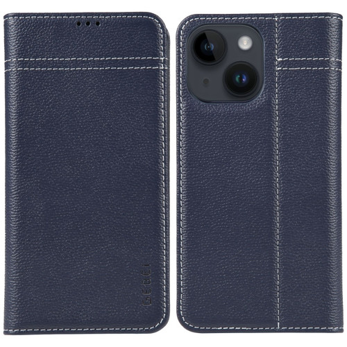 iPhone 15 Plus GEBEI Top-grain Horizontal Flip Leather Phone Case - Blue