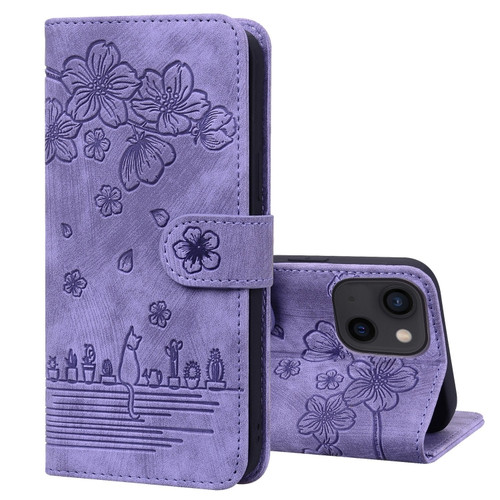 iPhone 15 Plus Cartoon Sakura Cat Embossed Leather Phone Case - Purple