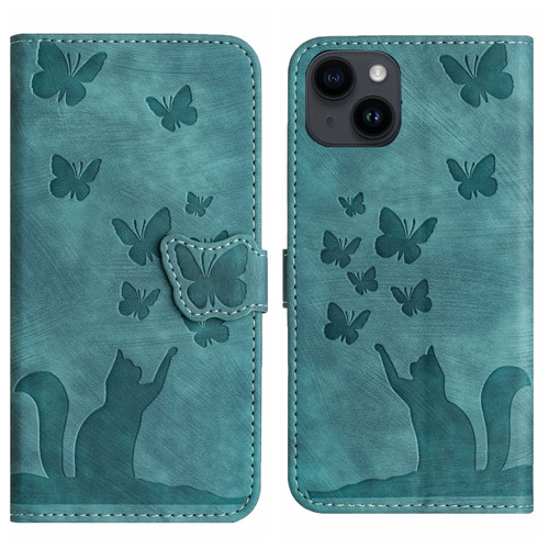iPhone 15 Plus Butterfly Cat Embossing Flip Leather Phone Case - Wathet