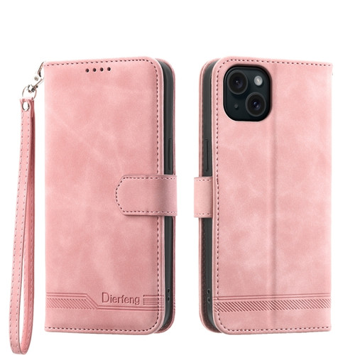 iPhone 15 Plus Dierfeng Dream Line TPU + PU Leather Phone Case - Pink