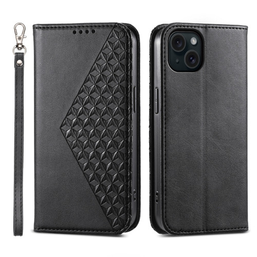 iPhone 15 Plus Cubic Grid Calf Texture Magnetic Leather Phone Case - Black