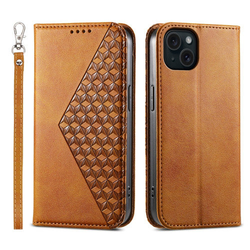 iPhone 15 Plus Cubic Grid Calf Texture Magnetic Leather Phone Case - Yellow