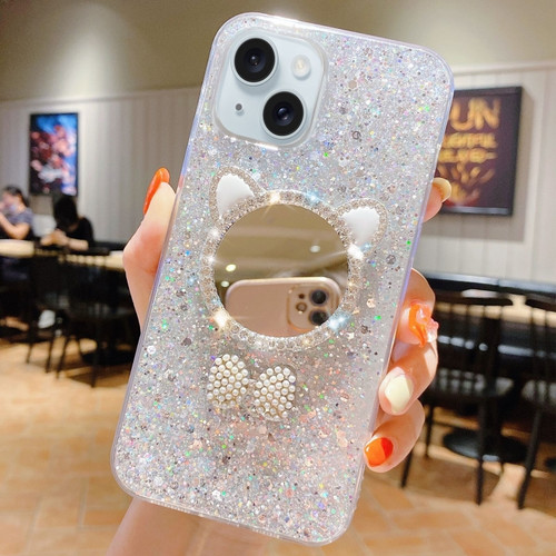 iPhone 15 Plus Starry Sequin Diamond Cat Ears Mirror Epoxy TPU Phone Case - Silver