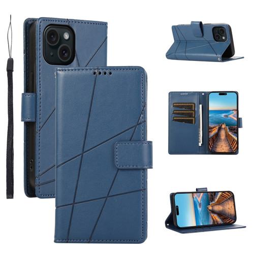 iPhone 15 Plus PU Genuine Leather Texture Embossed Line Phone Case - Blue