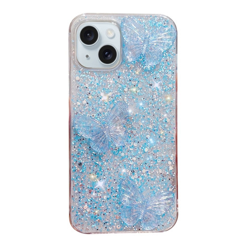 iPhone 15 Plus Starry Sequin Crystal Butterflies Epoxy TPU Phone Case - Blue