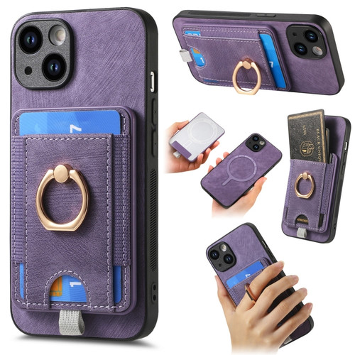 iPhone 15 Plus Retro Splitable Magnetic Card Bag Leather Phone Case - Purple