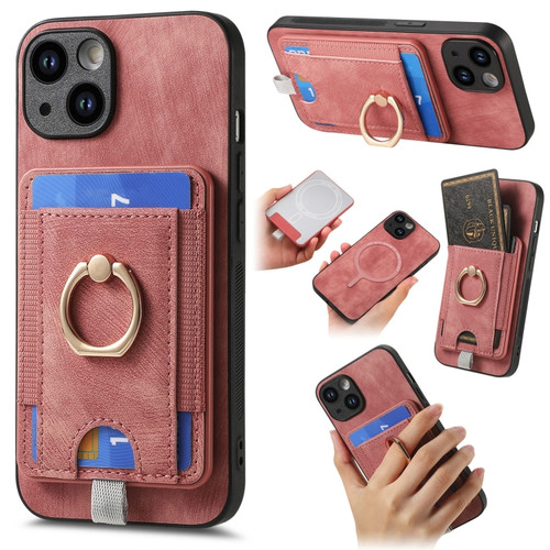 iPhone 15 Plus Retro Splitable Magnetic Card Bag Leather Phone Case - Pink