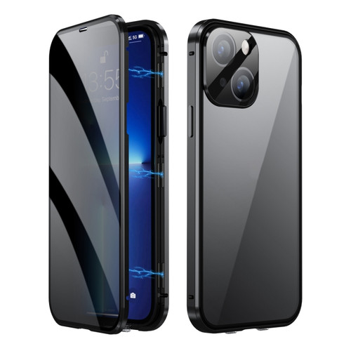 iPhone 15 Plus Dual-Lock Anti-peeping Glass 360 Full Body Frosted Magnetic Phone Case - Black