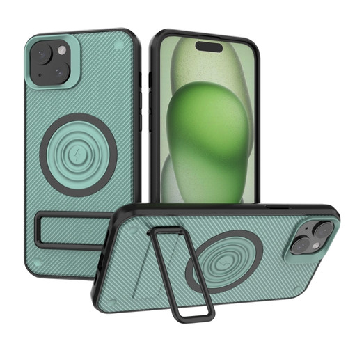 iPhone 15 Plus Carbon Fiber Texture PC + TPU Phone Case with Metal Holder - Green