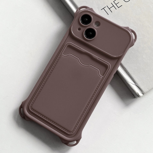 iPhone 15 Plus Shockproof Card Slot Frosted TPU Phone Case - Brown