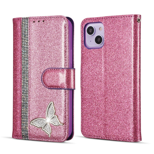 iPhone 15 Plus Glitter Powder Butterfly Leather Phone Case - Rose Red