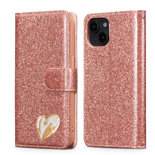 iPhone 15 Plus Glitter Powder Love Leather Phone Case - Pink