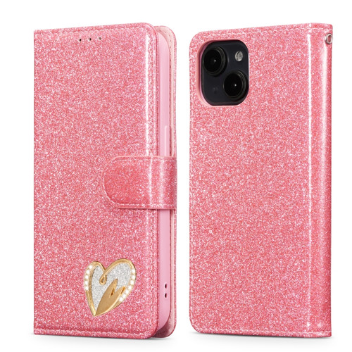 iPhone 15 Plus Glitter Powder Love Leather Phone Case - Rose Red