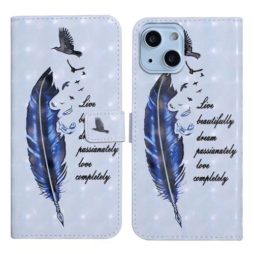 iPhone 15 Plus Oil Embossed 3D Drawing Leather Phone Case - Blue Feather