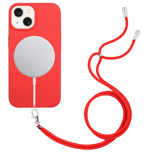 iPhone 15 Plus Wheat MagSafe Magnetic Straw Material + TPU Phone Case with Lanyard - Red
