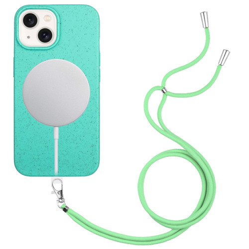 iPhone 15 Plus Wheat MagSafe Magnetic Straw Material + TPU Phone Case with Lanyard - Green