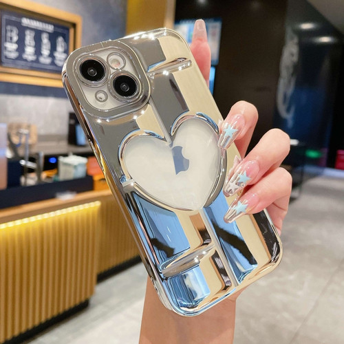 iPhone 15 Plus Electroplating 3D Hollow Love TPU Phone Case - Silver