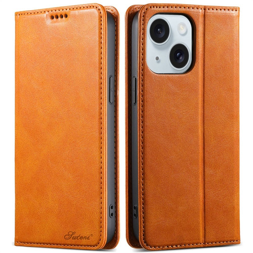 iPhone 15 Plus Suteni J02 Oil Wax Wallet Leather Phone Case - Khaki