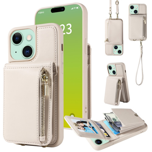 iPhone 15 Plus Crossbody Lanyard Zipper Wallet Leather Phone Case - Beige