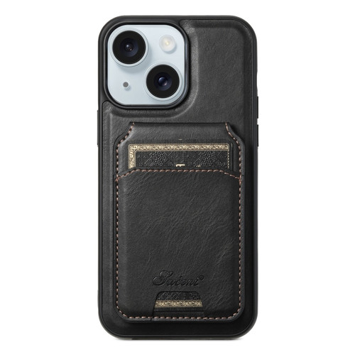 iPhone 15 Plus Suteni H15 MagSafe Oil Eax Leather Detachable Wallet Back Phone Case - Black