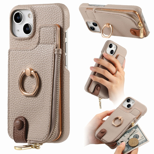 iPhone 15 Plus Litchi Leather Oil Edge Ring Zipper Wallet Back Phone Case - Khaki