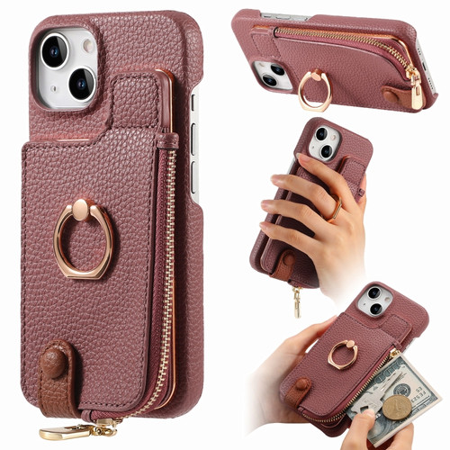 iPhone 15 Plus Litchi Leather Oil Edge Ring Zipper Wallet Back Phone Case - Jujube Apricot