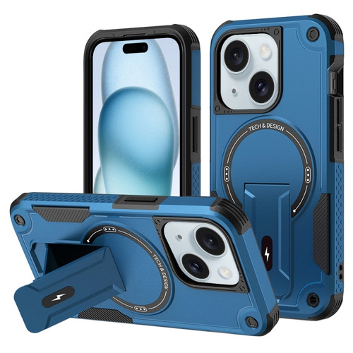 iPhone 15 Plus MagSafe Holder Armor PC Hybrid TPU Phone Case - Dark Blue