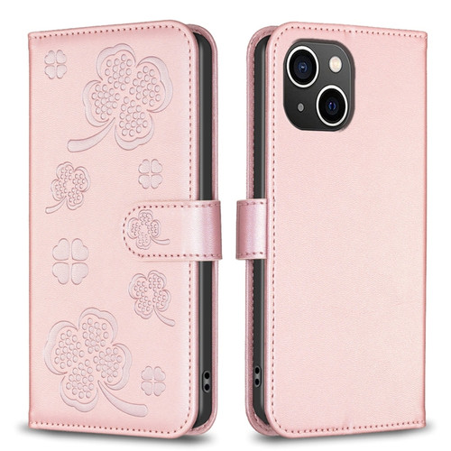 iPhone 15 Plus Four-leaf Embossed Leather Phone Case - Pink