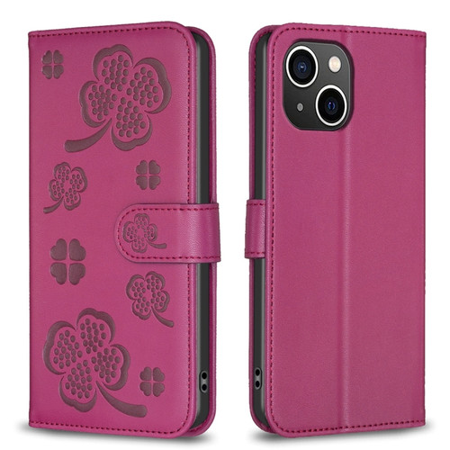 iPhone 15 Plus Four-leaf Embossed Leather Phone Case - Rose Red