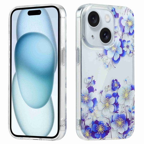 iPhone 15 Plus Electroplated Symphony Phone Case - White Blue Flower