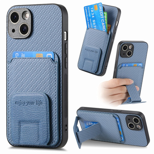 iPhone 15 Plus Carbon Fiber Card Bag Fold Stand Phone Case - Blue