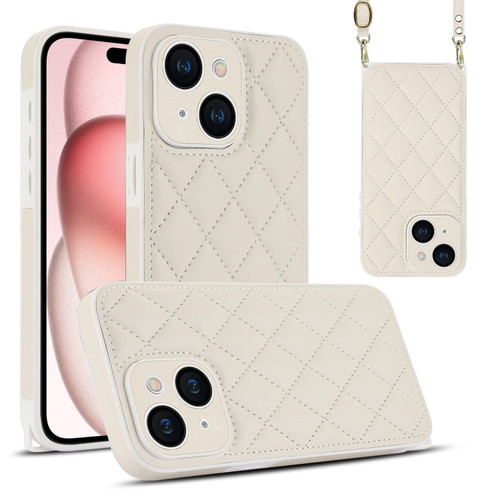 iPhone 15 Plus Rhombic Texture Phone Case with Dual Lanyard - White