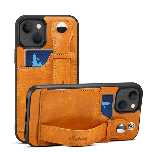 iPhone 15 Plus SUTENI H12 Wrist Strap Leather Back Phone Case with Card Slot - Khaki