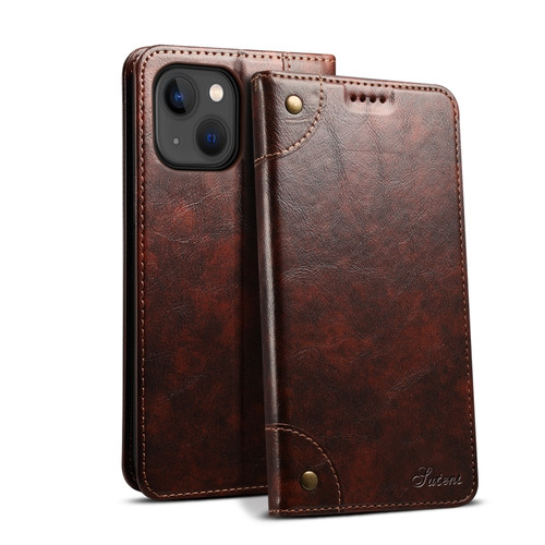 iPhone 15 Plus Suteni Baroque Calf Texture Buckle Wallet Leather Phone Case - Brown