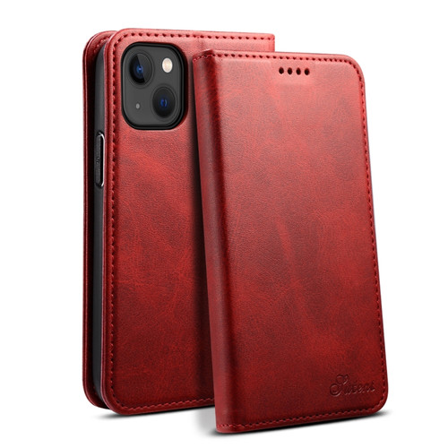 iPhone 15 Plus Suteni Calf Texture Horizontal Flip Leather Phone Case - Red